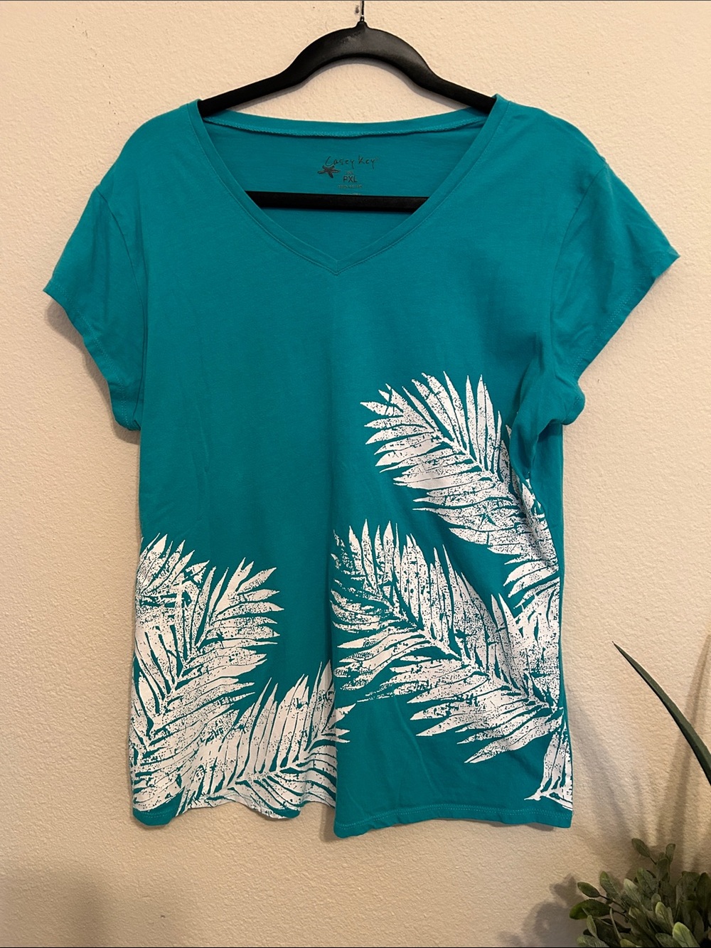 Casey Key Women's Teal V-Neck Palm Print Tee